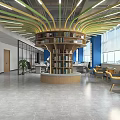Public Office Space With Glass Partitions Blue Walls Work Desks And Green Plants