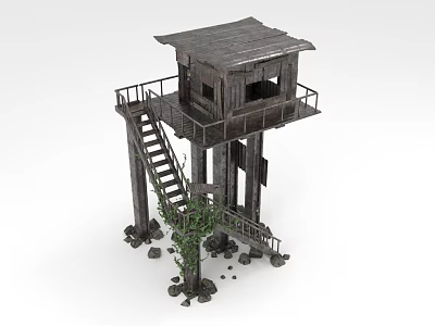 Aged Rustic Wooden Tower With Staircase Platform Stones And Climbing Vines 3d model
