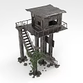 Aged Rustic Wooden Tower With Staircase Platform Stones And Climbing Vines