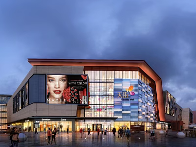 Vibrant Modern Commercial Street with Glass Facade Billboards and Evening Pedestrian Crowds 3d model