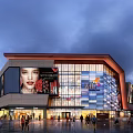Vibrant Modern Commercial Street with Glass Facade Billboards and Evening Pedestrian Crowds