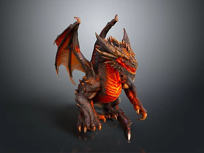 Detailed 3D Fantasy Dragon Creature With Fiery Red Black Scales Sharp Claws And Wings 3d model