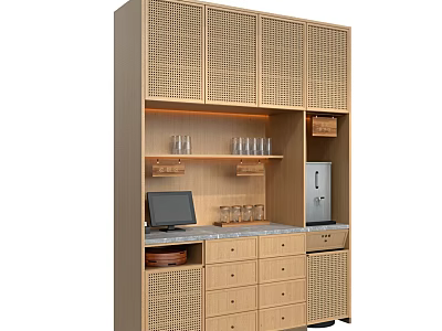 Modern Wooden Buffet Cabinet Design With Rattan Grille Doors Drawers And Open Shelves 3d model