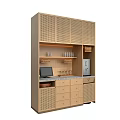 Modern Wooden Buffet Cabinet Design With Rattan Grille Doors Drawers And Open Shelves