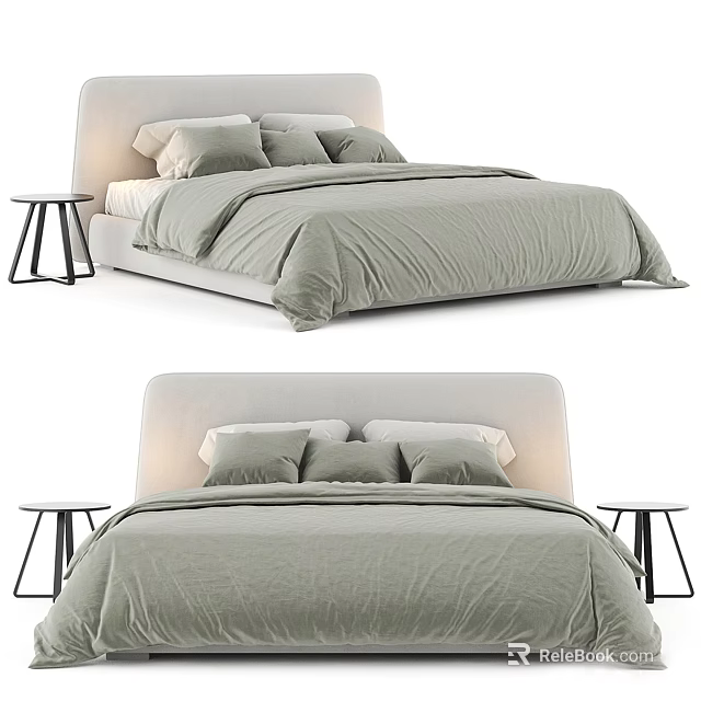 Modern Minimalist Double Bed With Upholstered Headboard Gray Bed Linens Pillows And Bedside Tables 3d model 