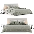 Modern Minimalist Double Bed With Upholstered Headboard Gray Bed Linens Pillows And Bedside Tables