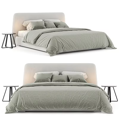 Modern Minimalist Double Bed With Upholstered Headboard Gray Bed Linens Pillows And Bedside Tables 3d model
