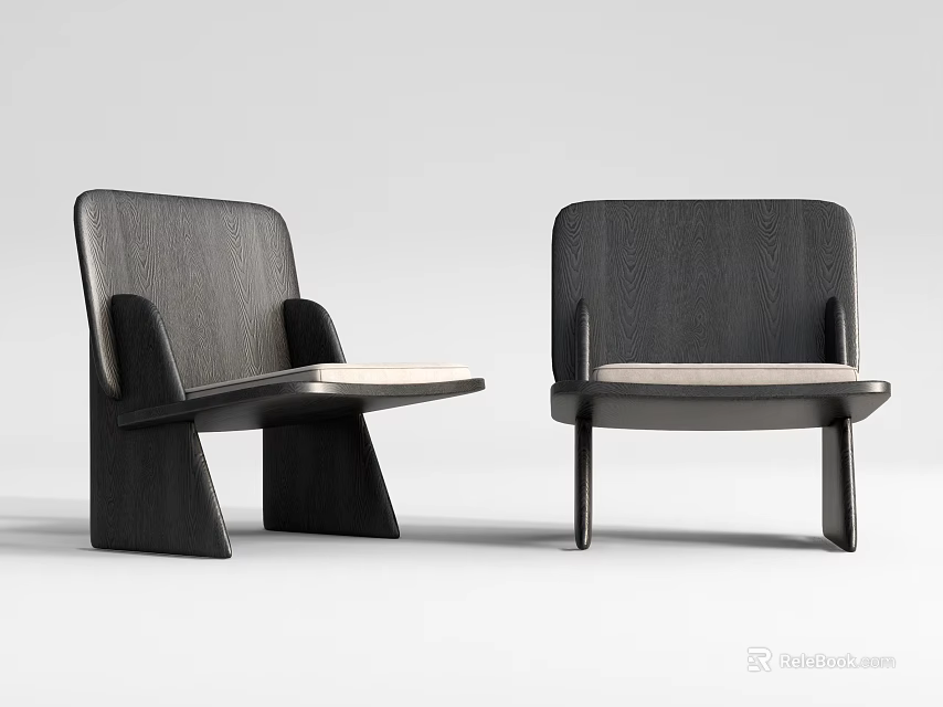Two Modern Leisure Chairs With Dark Wooden Frame And Light Upholstered Seats 3d model 