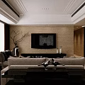 Modern Living Dining Room Interior With TV Wall Sofa Armchairs And Decorative Rug