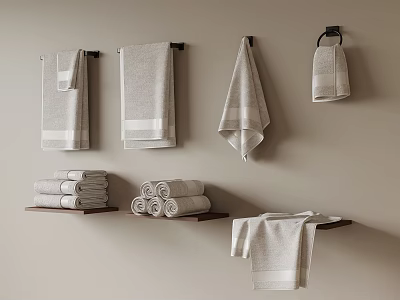 Neutral Colored Bathroom Towels Hanging On Wall Shelves With Folded Stacks 3d model