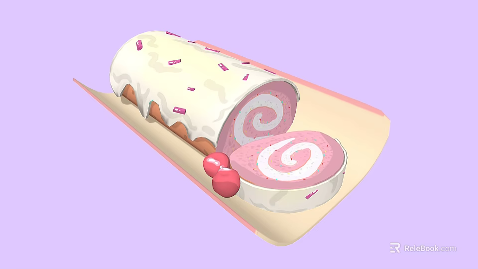 Pink Cake Roll With Spiral Interior White Frosting Pink Stripes And Red Cherries On Tray 3d model 