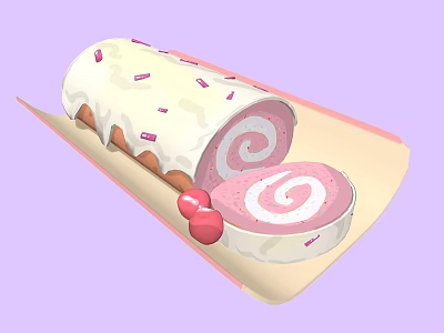 Pink Cake Roll With Spiral Interior White Frosting Pink Stripes And Red Cherries On Tray 3d model