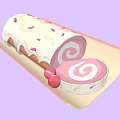 Pink Cake Roll With Spiral Interior White Frosting Pink Stripes And Red Cherries On Tray