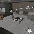 Modern Living Room Sofa Coffee Table Set With Grey Cushions Bookshelves And Plant
