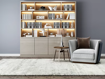Stylish Modern Bookcase Featuring Books Decorations With Cozy Armchair And Side Table Rug 3d model