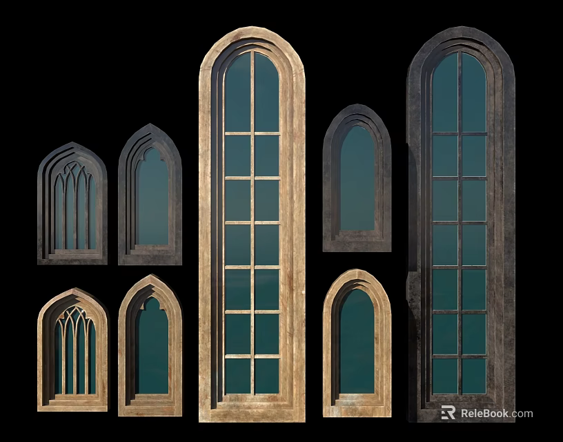 Vintage Wooden Arched Windows Collection With Various Sizes And Glass Panes 3d model 