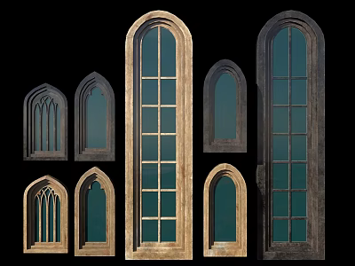 Vintage Wooden Arched Windows Collection With Various Sizes And Glass Panes 3d model