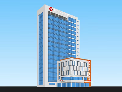 Modern High Rise Office Building With Glass Curtain Wall And Red Logo 3d model