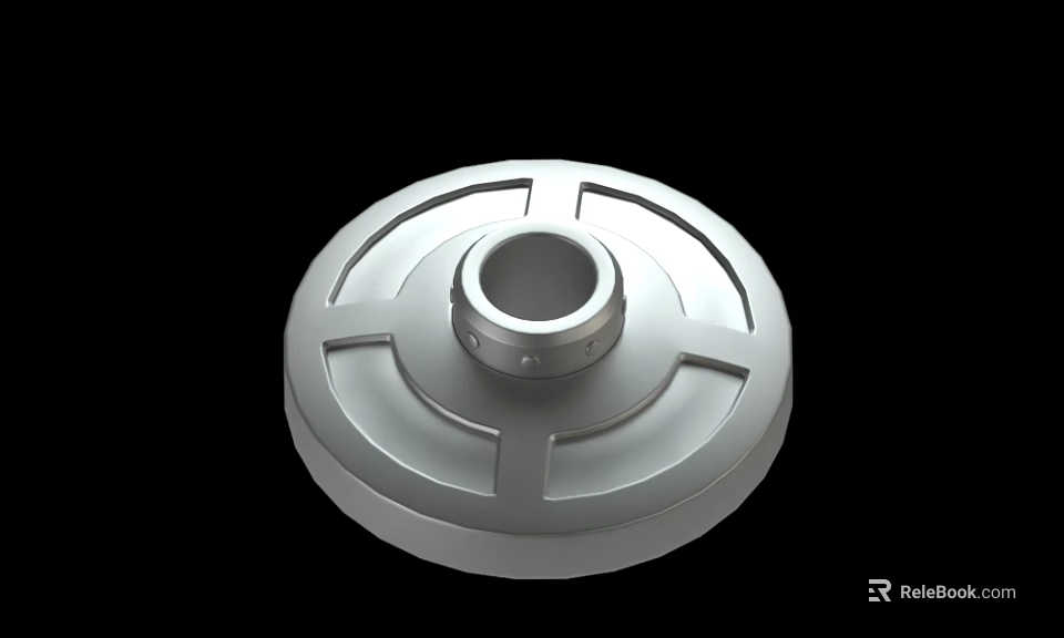 Silver Round Metal Part Featuring Central Hole And Radial Grooves Design 3d model 