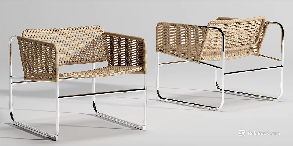 Modern Rattan Leisure Chair With Silver Metal Frame And Beige Weave Design 3d model 