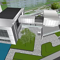 Modern Commercial Complex Architectural Exterior With Glass Curtain Wall Greenery And Water Features