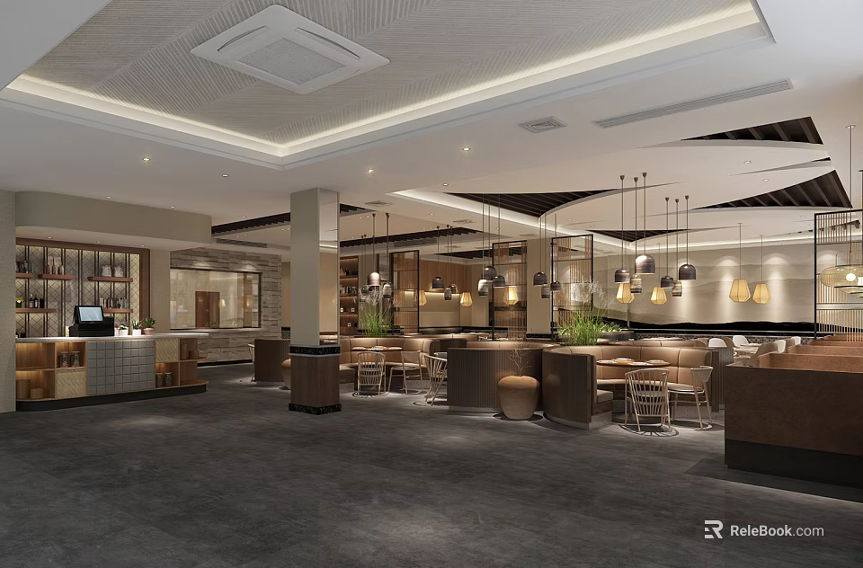 Modern Restaurant Interior Design With Bar Counter Hanging Lights And Sofa Seating 3d model