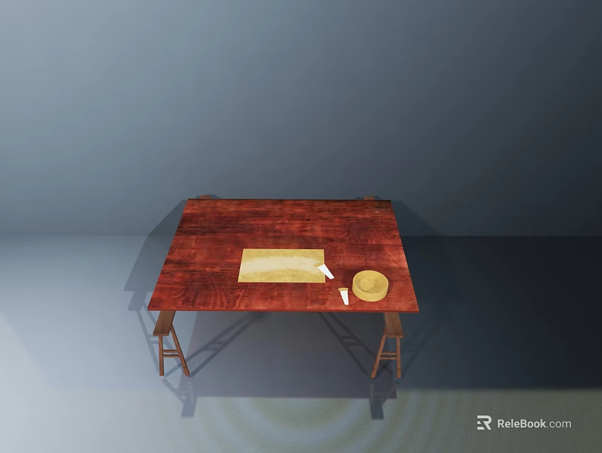 Red Wooden Square Dining Table Set With Mat And Two Stools 3d model