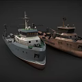 Three Different Types of Ships 3D Model with Gray Brown Hulls and Deck Equipment