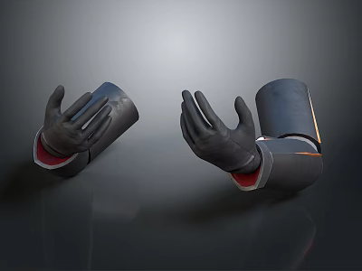 Human Hands Wearing Black Gloves With Red And Orange Accents On Gray Background 3d model
