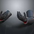 Human Hands Wearing Black Gloves With Red And Orange Accents On Gray Background