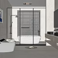 Modern Bathroom Interior With Glass Shower Enclosure Bathtub Double Vanity And Grey Walls