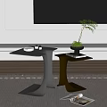 Modern Black And Gold Metal Side Tables With Potted Plant And Magazine On Carpet