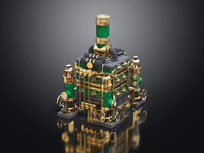 Steampunk Mechanical Structure With Gold Accents Green Elements And Decorative Pipes 3d model
