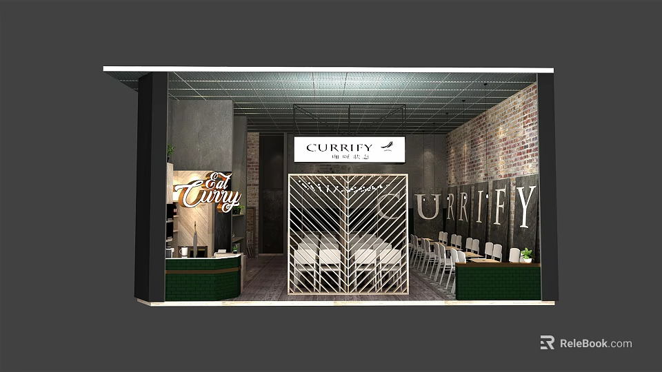 Currify Restaurant Exterior Design With Brick Wall Grille Entrance Green Counter And Tables 3d model 