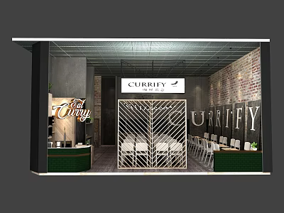 Currify Restaurant Exterior Design With Brick Wall Grille Entrance Green Counter And Tables 3d model