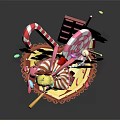 Game Movie Character Blonde Girl Striped Dress With Candies Lollipop Rabbit Cake Vibrant Fairy Tale