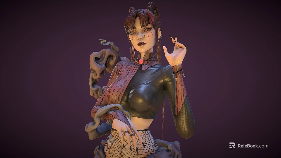 Woman With Horns Pigtails And Twisted Arm Accessories In Black Leather And Fishnet Stockings 3d model 
