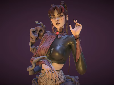 Woman With Horns Pigtails And Twisted Arm Accessories In Black Leather And Fishnet Stockings 3d model