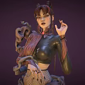 Woman With Horns Pigtails And Twisted Arm Accessories In Black Leather And Fishnet Stockings