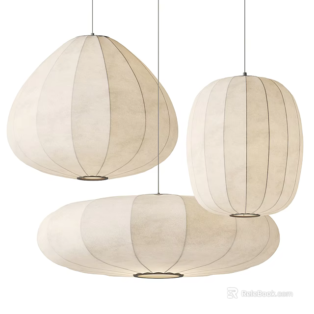 Modern Beige Fabric Pendant Lights Featuring Round Shape And Vertical Striped Design 3d model