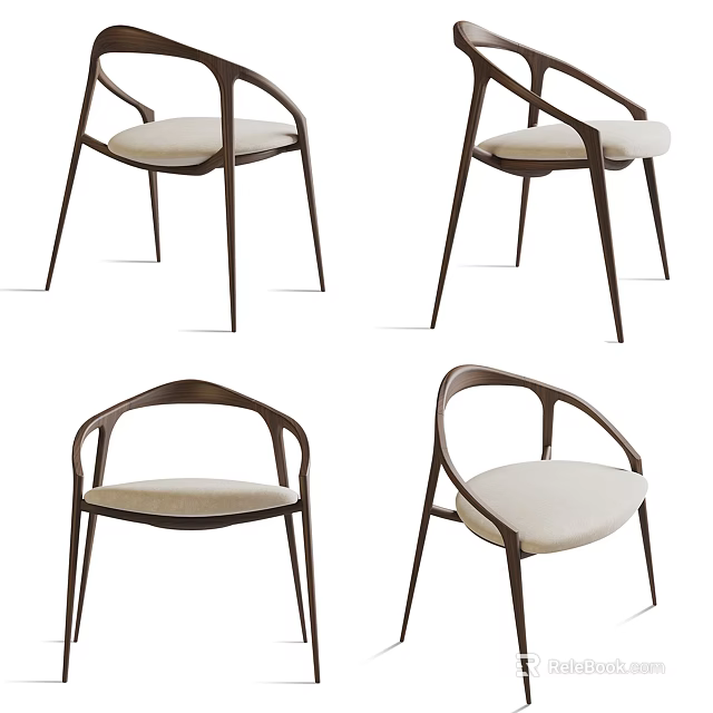 Modern Leisure Chair With Curved Dark Wooden Frame And Light Fabric Seat Cushion 3d model 