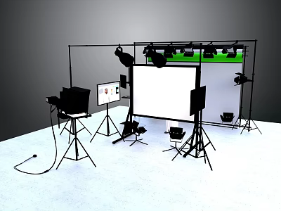 Professional Photo Studio Setup With Green Screen Lighting Equipment Tripods Monitor And Microphone 3d model