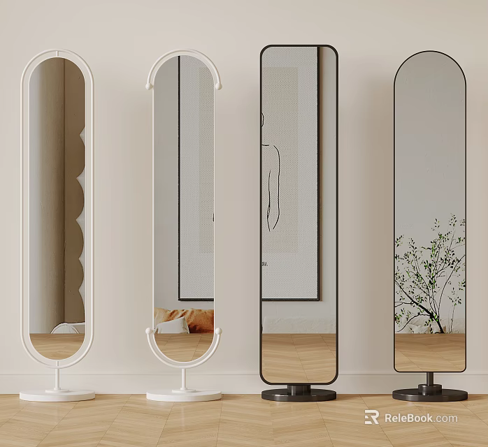 Modern Stylish Floor Mirrors With Different Frame Designs And Black White Bases For Home Decor 3d model 