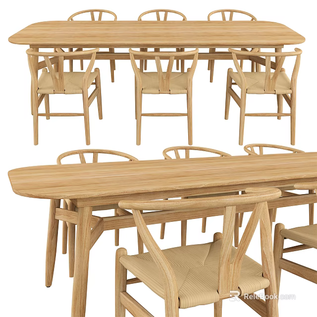 Modern Natural Wooden Dining Table Set With Rectangular Table And Matching Chairs 3d model