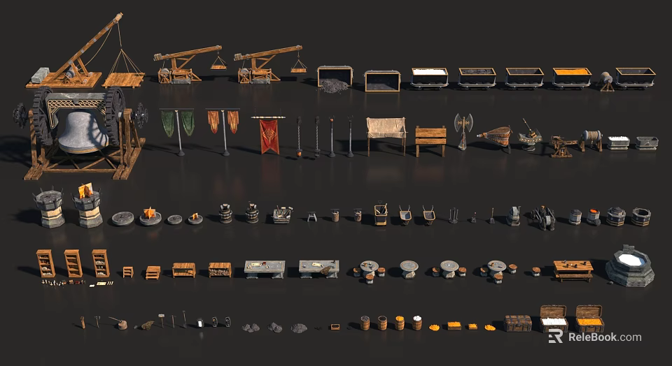 Medieval Historical Props Collection With Catapults Flags Chests Weapons Pottery And Coins 3d model 