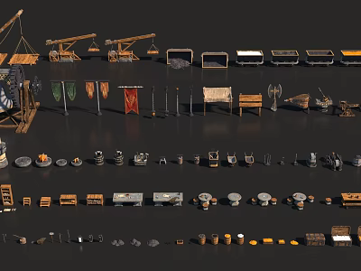 Medieval Historical Props Collection With Catapults Flags Chests Weapons Pottery And Coins 3d model