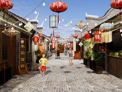 Traditional Commercial Street With Red Lanterns Stone Paved Road And Pedestrians 3d model