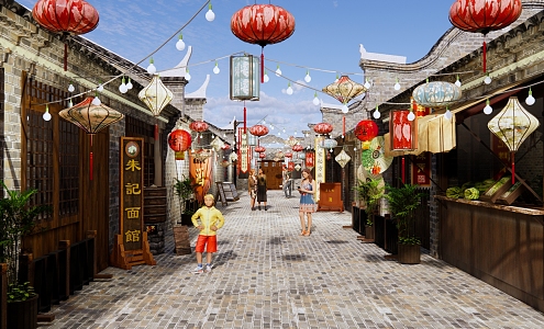 Chinese Commercial Street Ancient Town Commercial Street Tourist Town Lantern Festival Lantern Ancient Commercial Street Market Booth 3d model