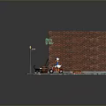 Scene Components of Red Brick Bar Building With Wooden Door Green Sign Barrel Street Lamp
