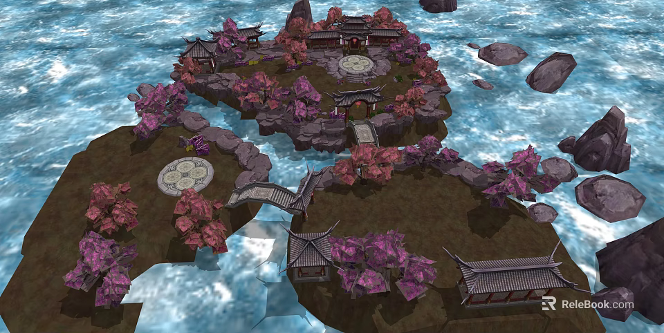 Ancient Chinese Architecture With Stone Bridges Pink Blossoms And Water Surroundings 3d model 